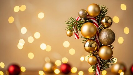 Festive Christmas Decoration with Golden Ornaments and Twinkling Lights.