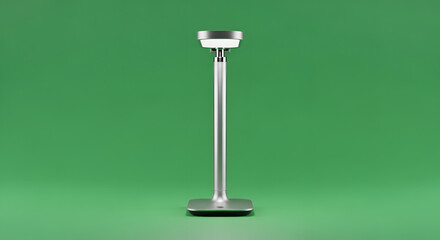A sleek silver-colored modern stand with a round top and a square base, isolated against a vibrant green background.