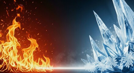 Dramatic fire and ice confrontation, blazing flames colliding with sharp blue ice crystals, fantasy elemental battle illustration.