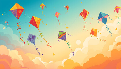 Colorful daytime kite festival illustration with vibrant diamond-shaped kites soaring in a bright blue sky with fluffy clouds.
