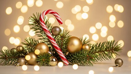 Christmas Decorations with Candy Cane and Golden Ornaments.