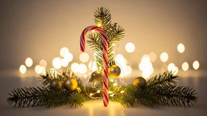 Festive Christmas Candy Cane with Pine Branches and Bokeh Lights.