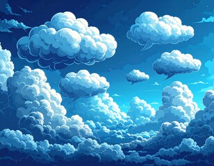 Digitally created illustration depicts a celestial landscape filled with voluminous, billowy clouds illuminated by a clear, gradient blue sky
