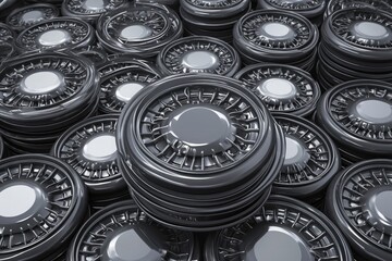 stacked pile of black car tires with glossy texture, 3d effect, centered in empty gray space for automotive and industrial design