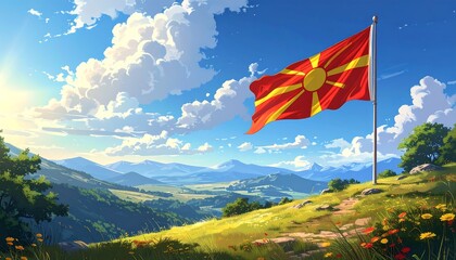 Digital painting depicts a flag waving atop a green hill, against a backdrop of mountains and a blue sky with fluffy clouds