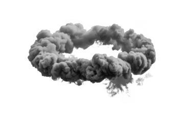 Ring shaped gray smoke cloud with wispy edges and dark center isolated on a transparent background
