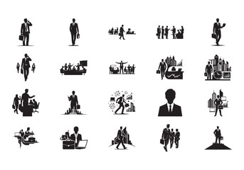 Business and Finance Silhouette Collection – Corporate Growth, Entrepreneurship, Office Work & City Skyline Vector Icons
