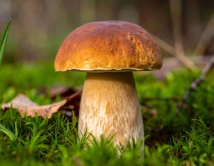 Close-up of a cap mushroom on a bed of green moss in a forest