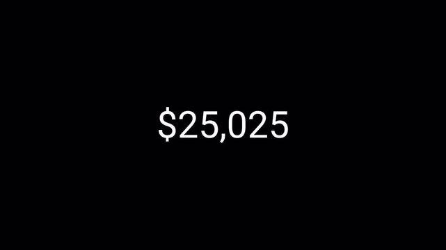 Thirty thousand dollar counting animation from 0 to 30,000 on a transparent background, dollar money counter animation with alpha channel in 4k.