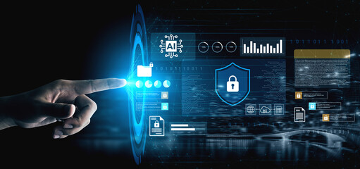 A digital interface showcases a hand gesture activating a lock symbol, representing AI technology in data protection and cybersecurity innovation. Gantry
