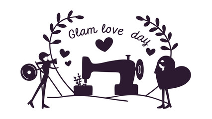 Whimsical silhouette illustration of a sewing machine surrounded by decorative elements and the text glam love day symbolizing creativity and passion for fashion design and crafting