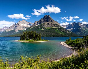 Scenic vista of a tranquil lake with forested island & majestic mountains