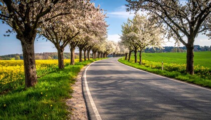 Obraz premium Road with blooming trees in spring
