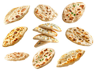 Set of naan bread showcasing its golden crust and herbs isolated on white transparent background, concept of food