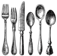 Vintage silverware set with fork, knife, and spoons isolated on white background