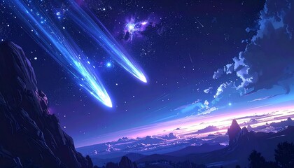 Digital painting depicts two vibrant, glowing comets streaking through a star-filled sky. Purple nebula and soft clouds add to the cosmic scene