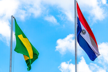 Brazilian and Paraguayan flag flags in Foz do Iguacu Brazil.
