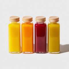 Ginger turmeric immunity shot lineup, square glass bottles, wellness gradient liquid tones, label mockup friendly