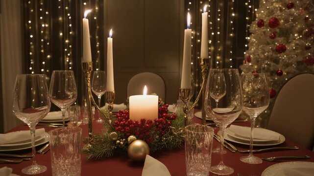 Luxury Christmas dinner table setup with candles and sparkling decor.