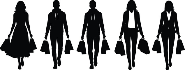 Title: Shopping silhouettes: Diverse group of men and women walking with shopping bags, black and white vector illustration, consumerism, retail.