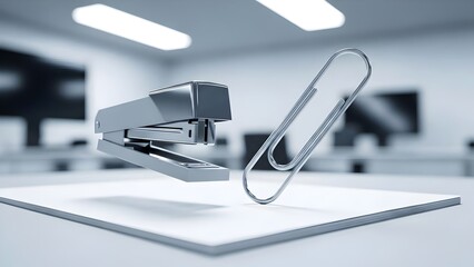 Metallic stapler and giant paper clip floating above a stack of white papers in a modern, clean office environment, symbolizing office work and organization