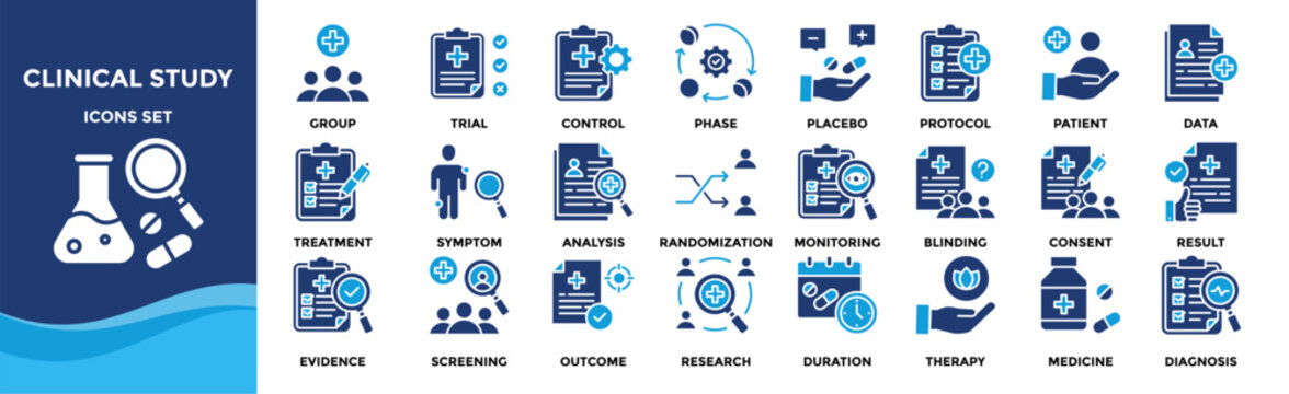 Clinical study icon set collection. an icon pack contain trial, patient, placebo, control, protocol, data, dosage, group, phase, result