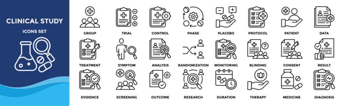 Clinical study icon set collection. an icon pack contain trial, patient, placebo, control, protocol, data, dosage, group, phase, result