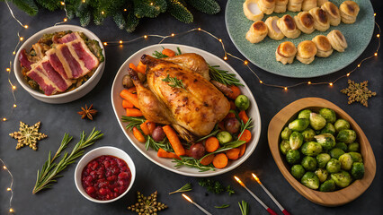 Festive holiday roast chicken dinner with sides and decorations
