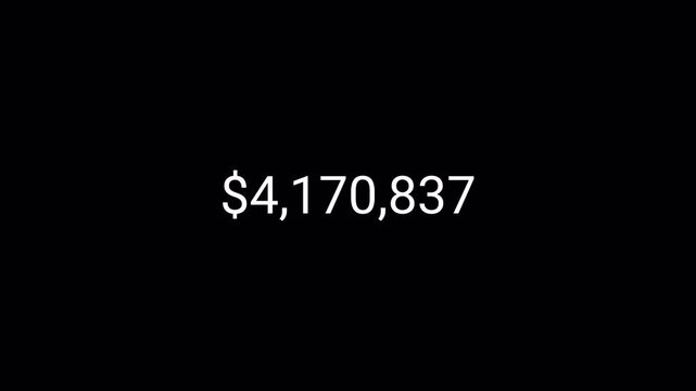 Five million dollar counting animation from 0 to 5,000,000 on a transparent background, dollar money counter animation with alpha channel in 4k.