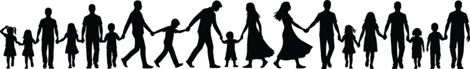 Silhouette of diverse people holding hands, unity, community, family, togetherness, social bond, teamwork, support, connection, children, adults, peace, harmony, love