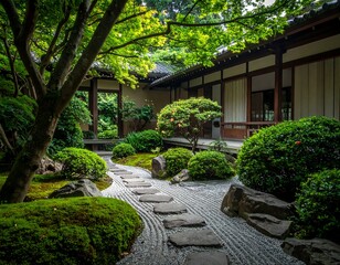 Serene Japanese garden scene with meticulously crafted landscaping and architecture
