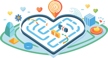 A vibrant and whimsical illustration of a heart shaped maze with colorful elements and a target destination symbolizing love challenges and achievement