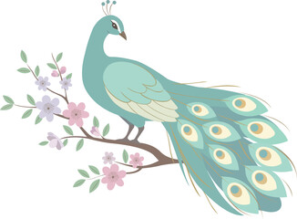 Decorative Peacock on a Flowering Branch