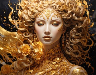 Digital painting of a celestial feminine figure adorned with golden details, flowing curls, and elegant ornamentation, set against a dark background