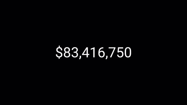 One hundred million dollar counting animation from 0 to 100,000,000 on a transparent background, dollar money counter animation with alpha channel in 4k.