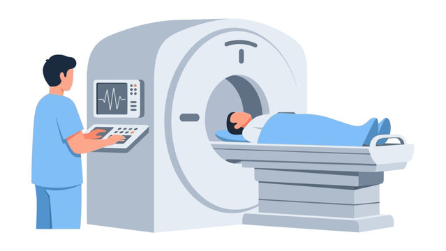 CT Scan Procedure Illustration Showing Patient Undergoing Medical Imaging, Radiology Examination, Diagnostic Test, Clinical Assessment, Hospital Technology Equipment and Healthcare Evaluation Process