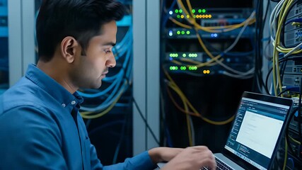 Server Room Technician Working on Laptop