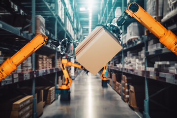 Smart robot arm system for innovative warehouse and factory digital technology . Automation manufacturing robot controlled by industry engineering using IOT software connected to internet network .