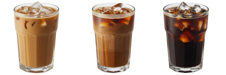 Three glasses of iced coffee with ice cubes and varying shades of brown liquid isolated on a transparent background