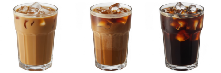Three glasses of iced coffee with ice cubes and varying shades of brown liquid isolated on a transparent background