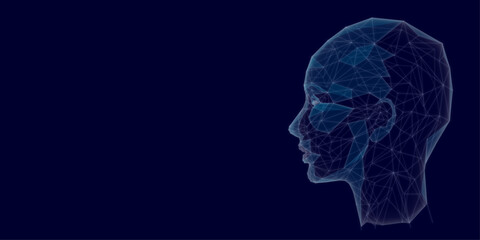 Abstract side profile. AI assistant or artificial intelligence agent concept. Low-poly wireframe head of humanoid robot in futuristic technology style. Blue hi-tech background. Digital avatar.