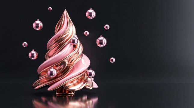 Modern Abstract Rose Gold Christmas Tree with Metallic Swirls and Floating Baubles - Luxury Dark 3D Holiday Background - Powered by Adobe