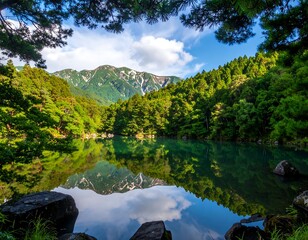 Serene mountain lake scene with lush forest and reflective surface