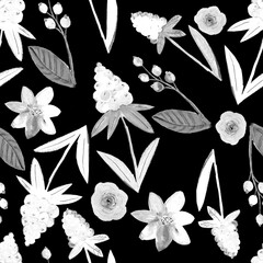 seamless floral pattern. hand drawn white flowers and herbs on black 