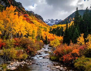 Serene mountain valley bathed in autumn colors, with a flowing river