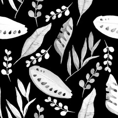 seamless pattern with flowers and fruits. Whie and black colors. 