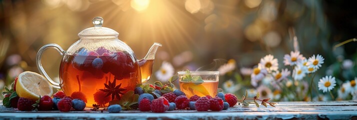 A close-up shot of a teapot brimming with honey and lemon slices, accompanied by fresh raspberries and blueberries on a table. A refreshing and inviting composition.