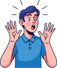 Shocked cartoon man with blue hair and open mouth raising his hands in astonishment.