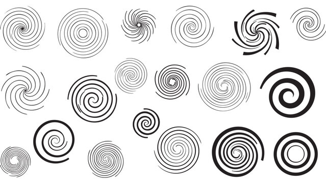 Diverse collection of abstract black spiral and concentric circle vector shapes for modern graphic design elements