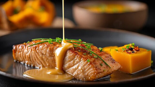 Sauce drizzling over salmon and sweet potato